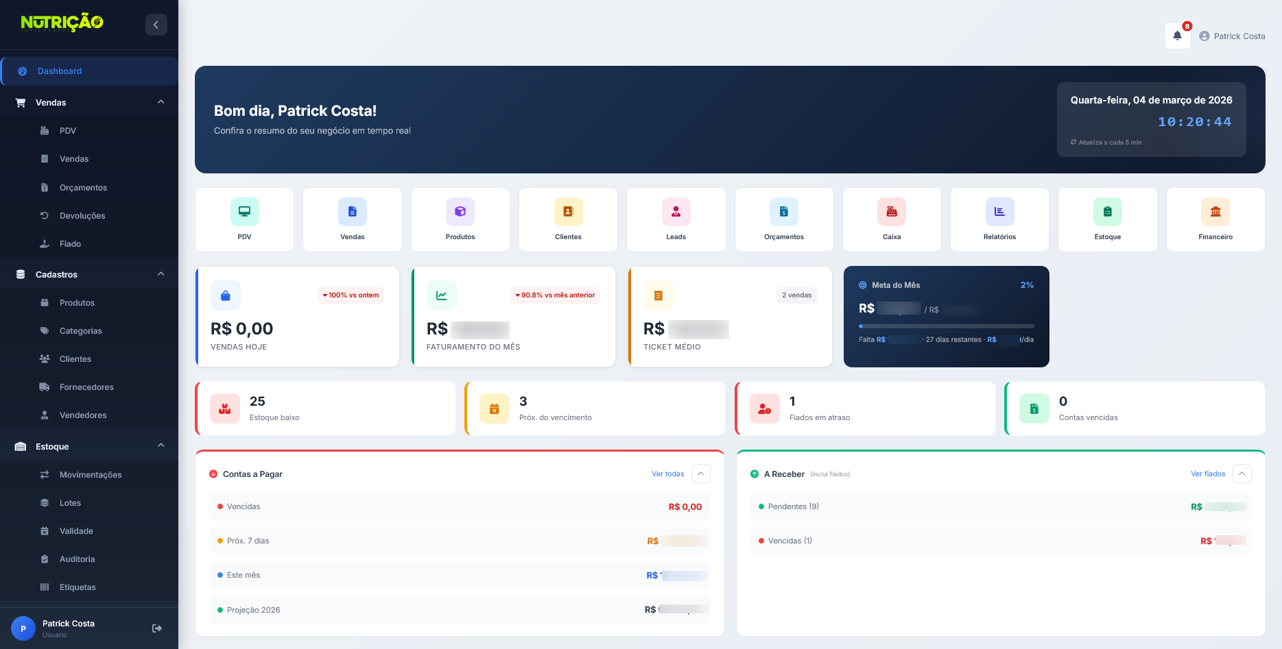 Dashboard principal do JotaERP