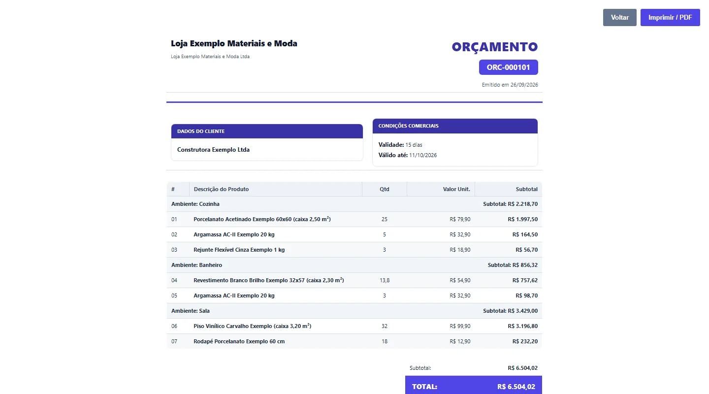 Orçamento de obra do JotaERP em PDF, com os itens agrupados por ambiente e o subtotal de cada um.