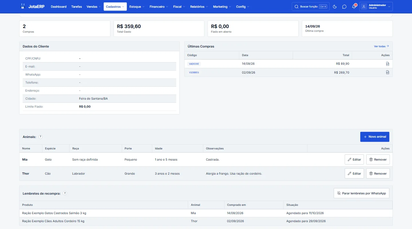 Ficha de cliente no JotaERP com os animais cadastrados e o próximo lembrete de ração.