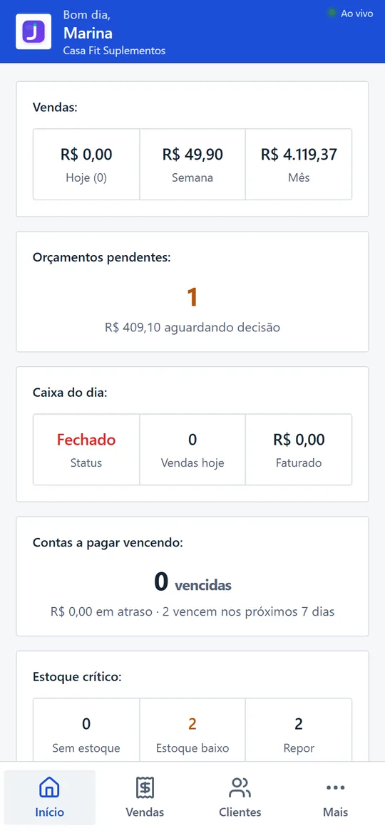 Início do aplicativo: vendas de hoje, da semana e do mês, orçamentos pendentes e caixa do dia.