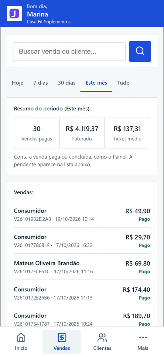 Vendas no aplicativo: resumo do mês com vendas pagas, faturado e ticket médio, e a lista de vendas.