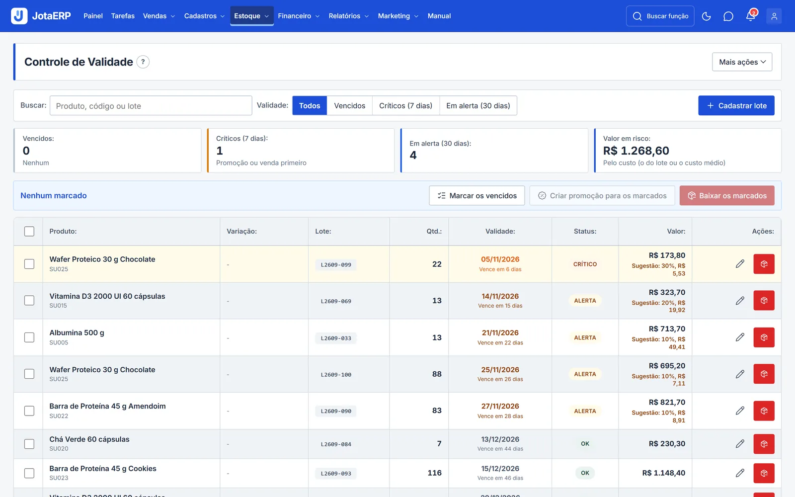 Controle de estoque do JotaERP com dados fictícios.