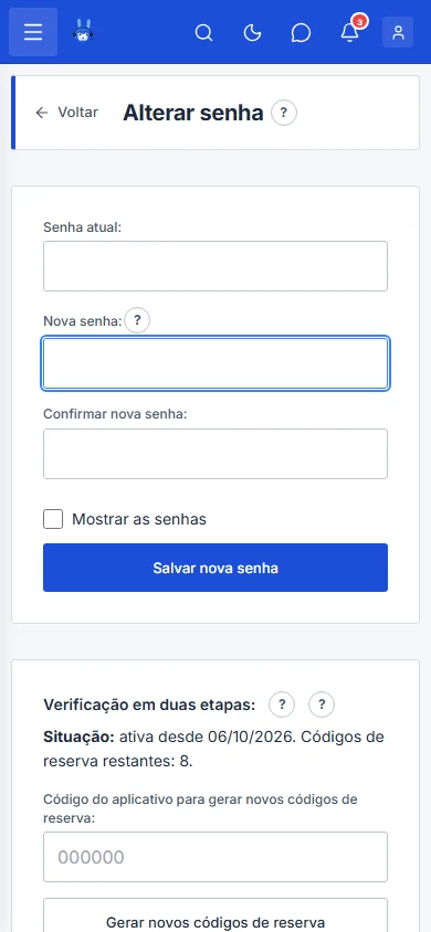 Tela Alterar senha com o quadro Verificação em duas etapas, no celular