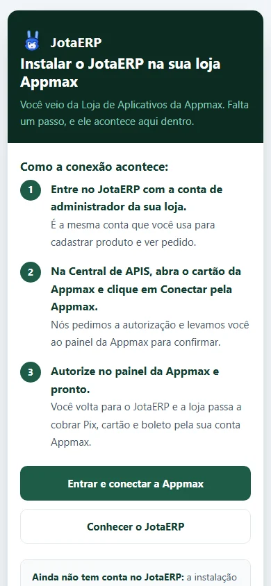 Página Instalar o JotaERP na sua loja Appmax, no celular