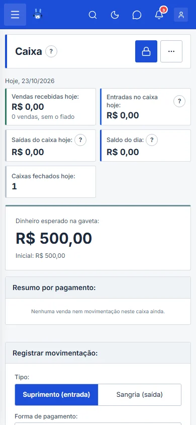 Tela Caixa com o registro de movimentação, no celular