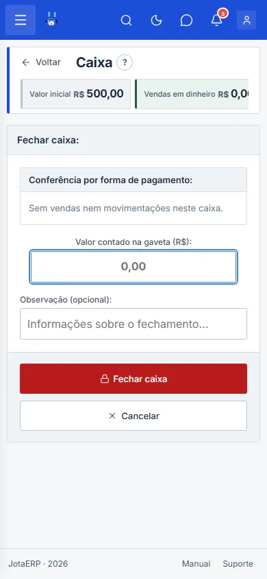 Tela de fechamento do caixa com a conferência e o valor em caixa, no celular