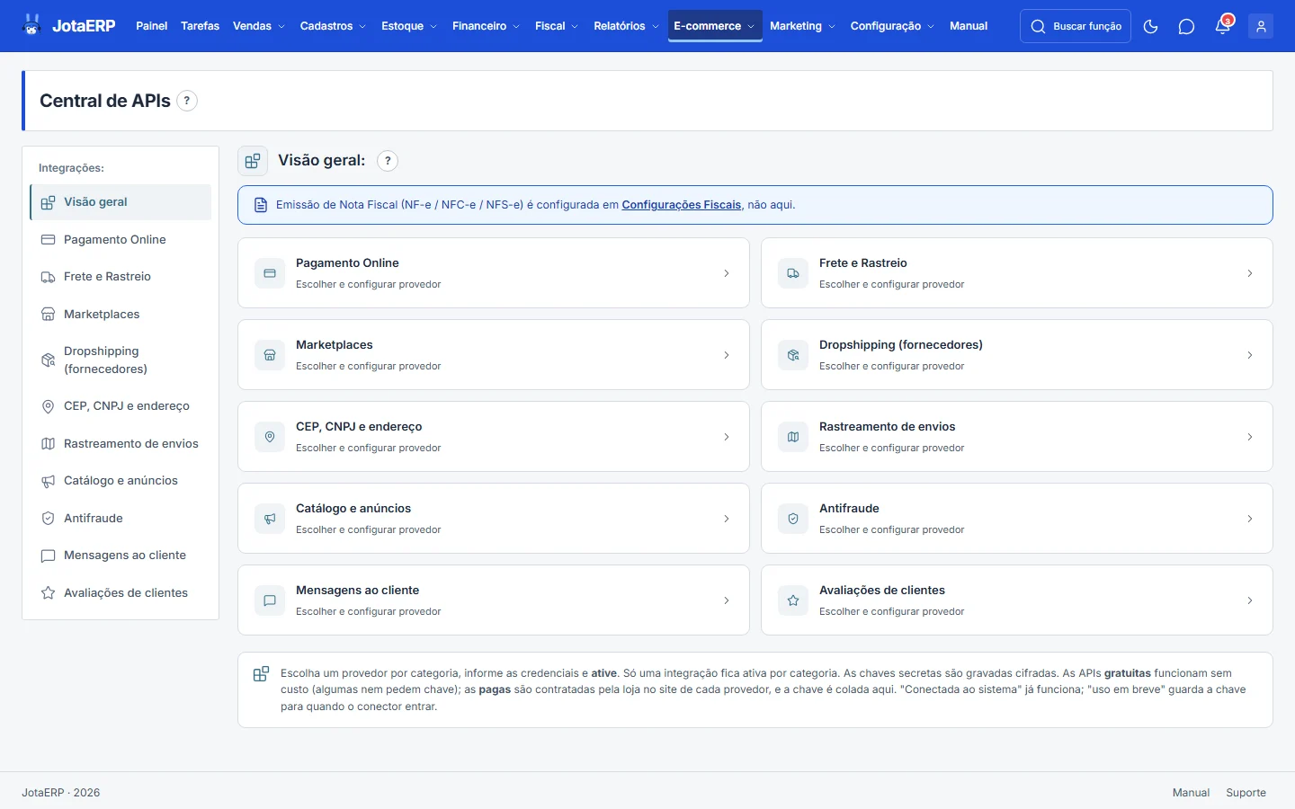 Central de APIs com as categorias de integração