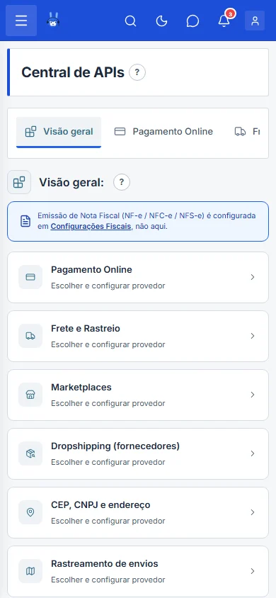 Central de APIs com as categorias de integração, no celular