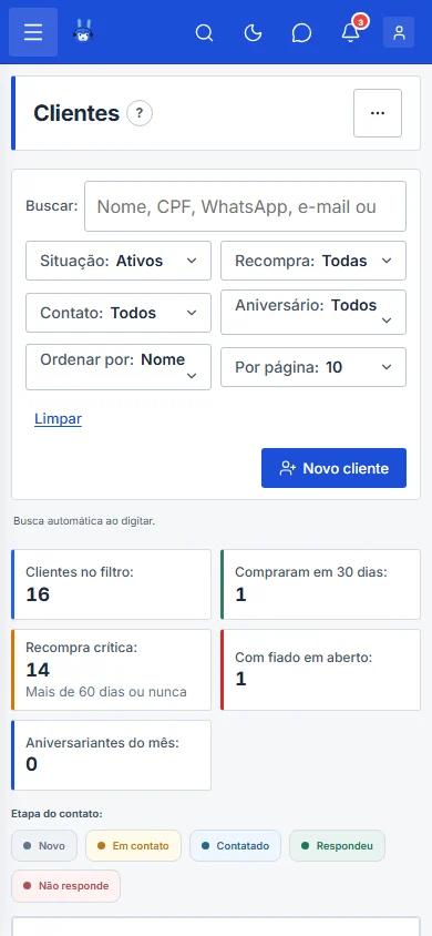 Lista de clientes com WhatsApp, cidade, compras e total, no celular