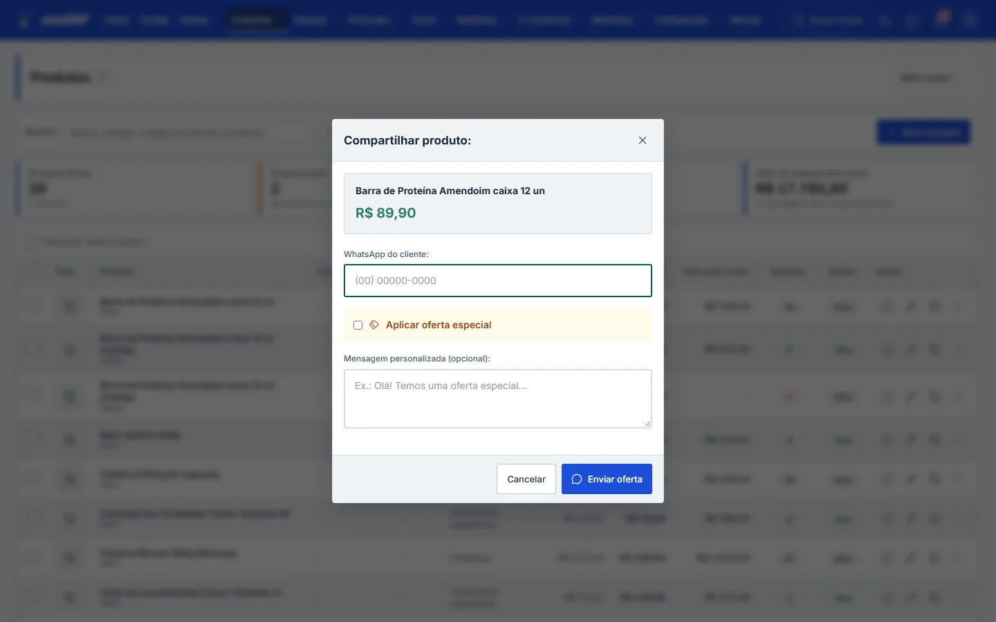 Janela Compartilhar Produto com o campo WhatsApp do Cliente e a oferta especial