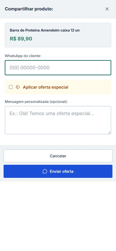 Janela Compartilhar Produto com o campo WhatsApp do Cliente e a oferta especial, no celular