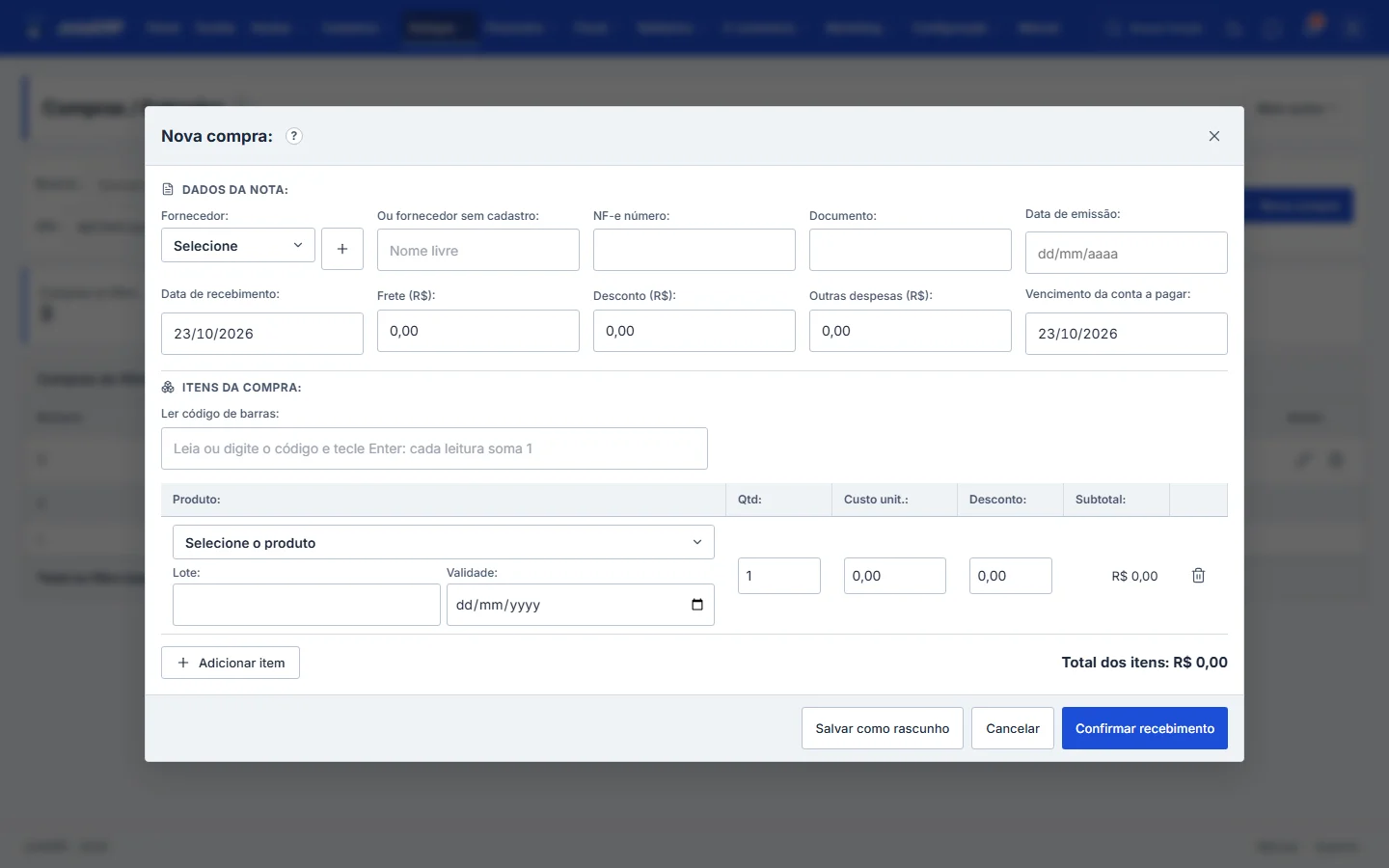 Janela Nova compra com lote e validade por item