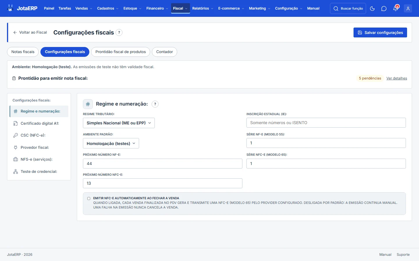 Configurações Fiscais na seção Regime e numeração, com a opção de emissão automática desligada