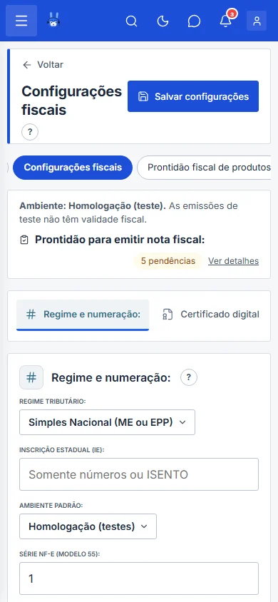 Configurações Fiscais na seção Regime e numeração, com a opção de emissão automática desligada, no celular