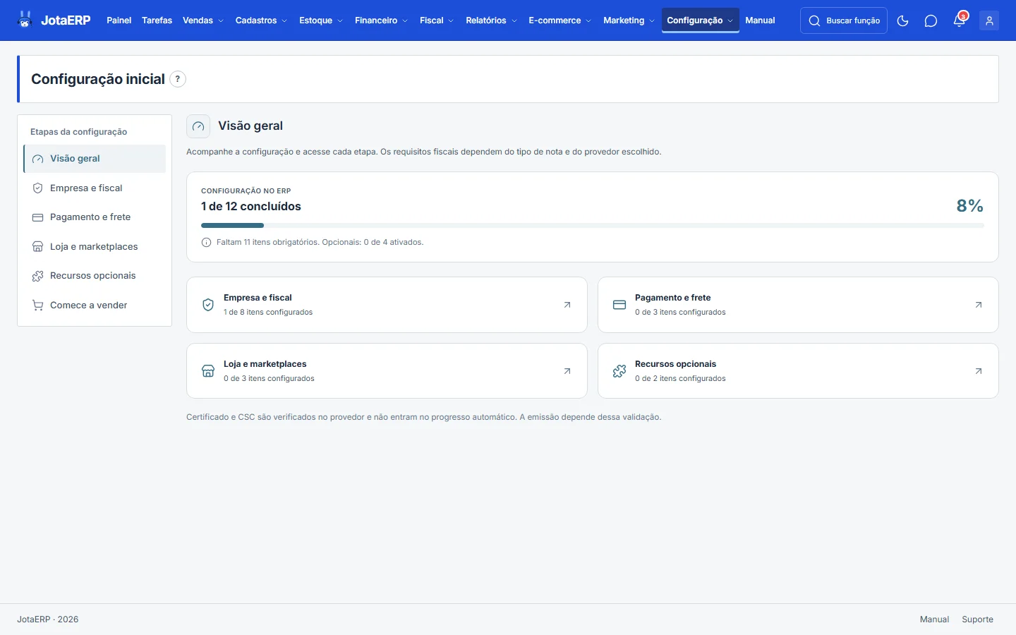 Tela Configuração inicial com as etapas e o progresso