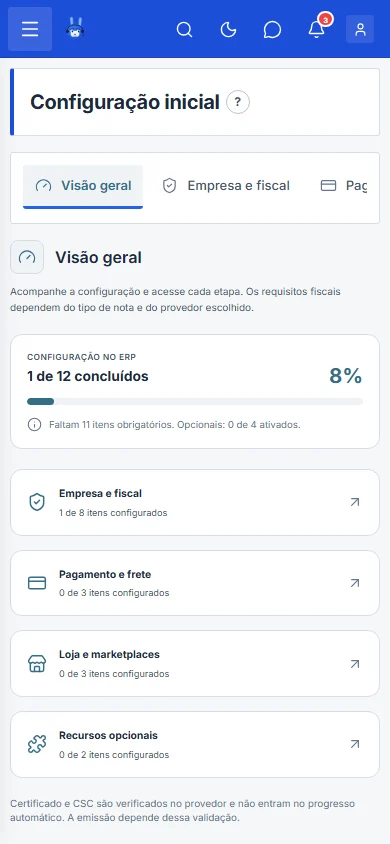 Tela Configuração inicial com as etapas e o progresso, no celular