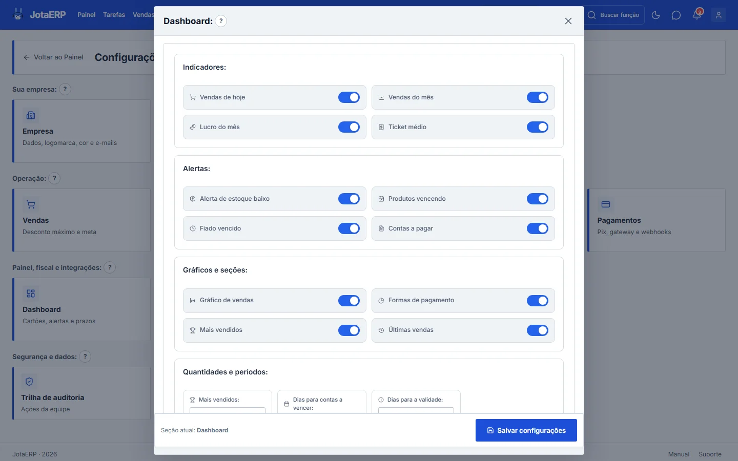 Configurações com a janela Dashboard aberta sobre a grade de caixas e o botão Salvar configurações