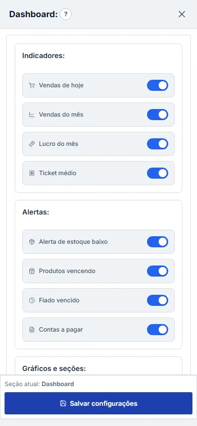 Configurações com a janela Dashboard aberta sobre a grade de caixas e o botão Salvar configurações, no celular