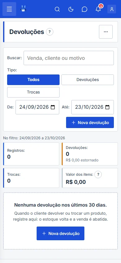 Tela de devoluções, no celular