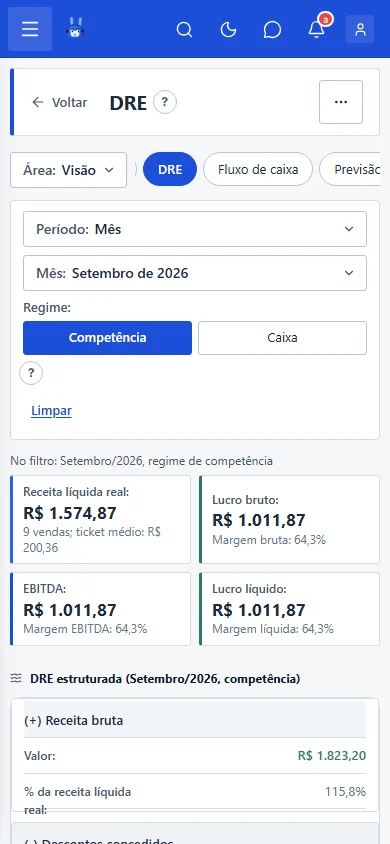Tela DRE com o resultado do período, no celular