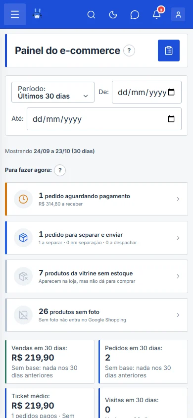 Painel do e-commerce com o período, as cinco caixas, a fila de pedidos e as visitas por dia, no celular