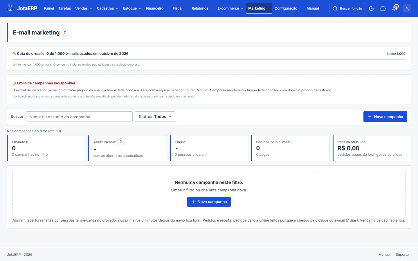 Tela Email marketing com a cota do mês