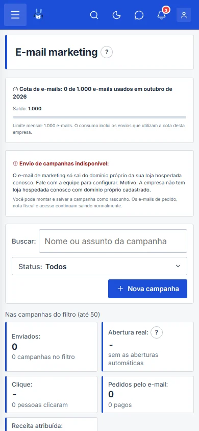 Tela Email marketing com a cota do mês, no celular