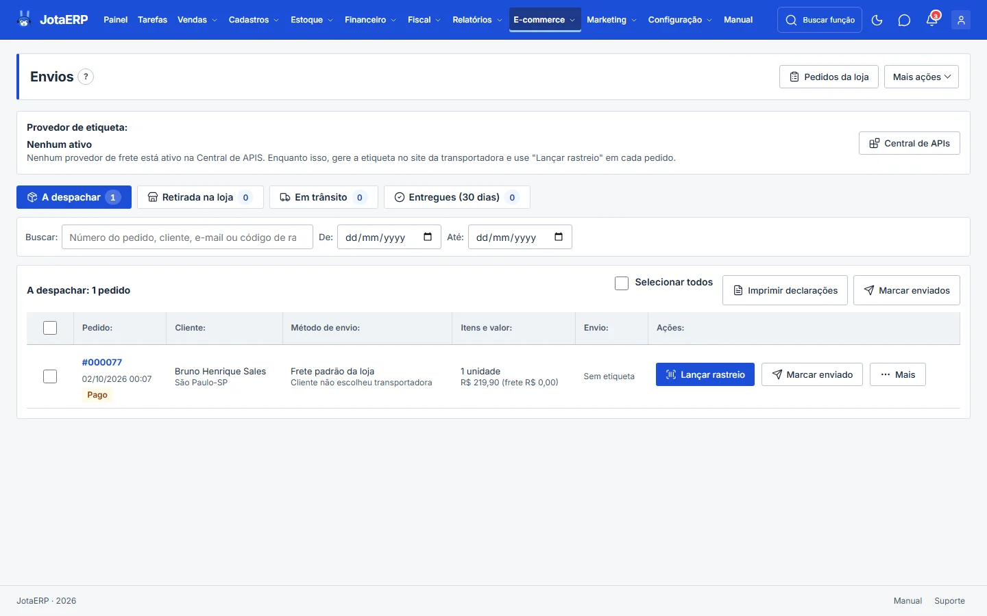 Tela Envios com as abas e o bloco de etiqueta automática