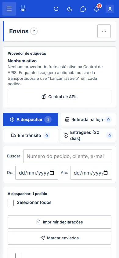 Tela Envios com as abas e o bloco de etiqueta automática, no celular