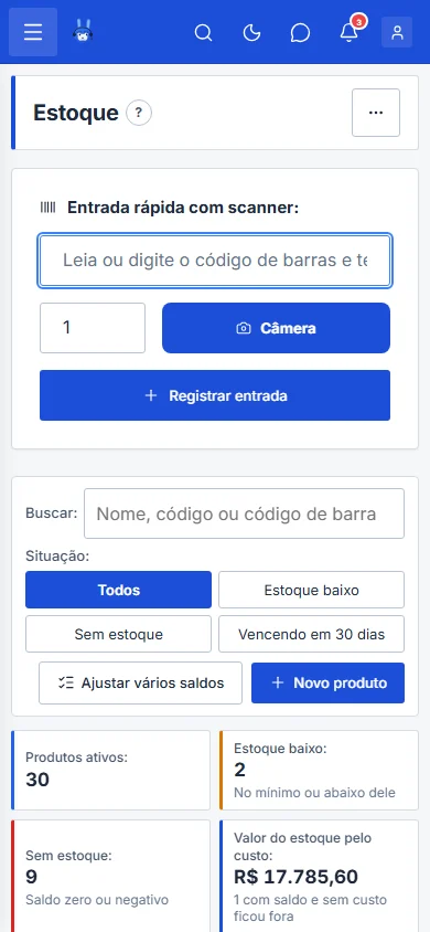 Tela Estoque com a entrada rápida por scanner, no celular