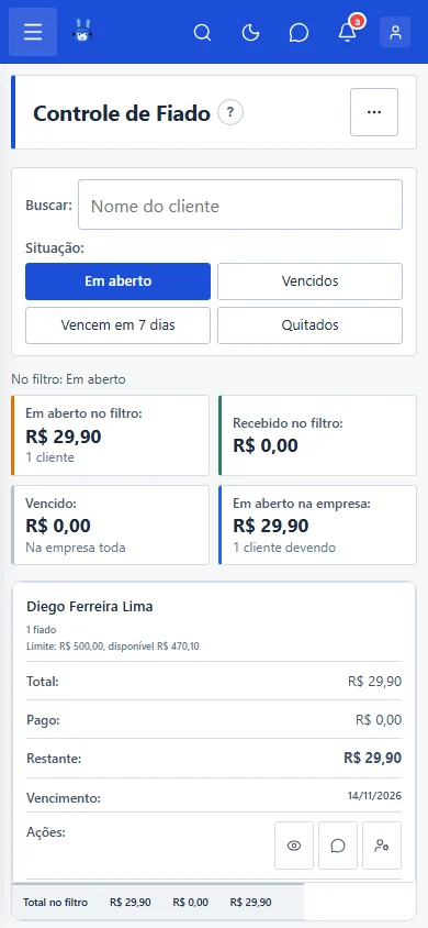 Tela Controle de Fiado, no celular
