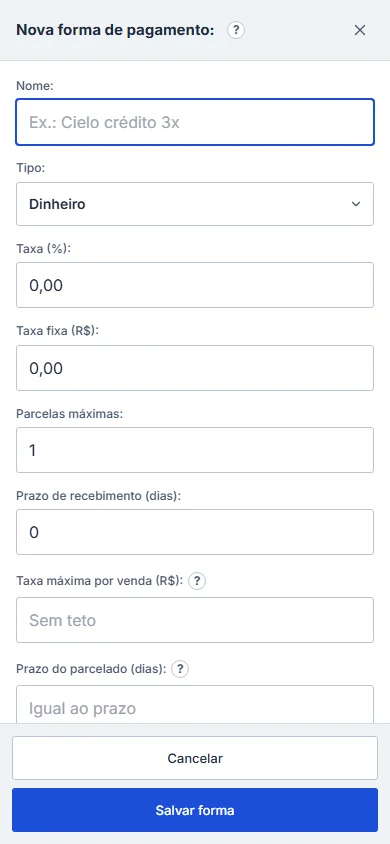 Janela Nova forma de pagamento com taxa máxima por venda e prazo do parcelado, no celular