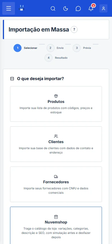 Tela de importação em massa, no celular