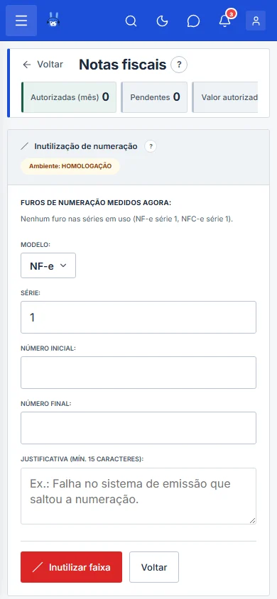 Tela Inutilização de numeração com os furos medidos e a faixa a informar, no celular