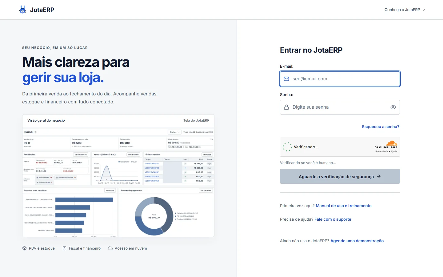 Tela Entrar no JotaERP com a verificação de segurança e o botão Aguarde a verificação de segurança