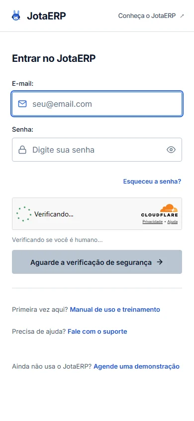 Tela Entrar no JotaERP com a verificação de segurança e o botão Aguarde a verificação de segurança, no celular