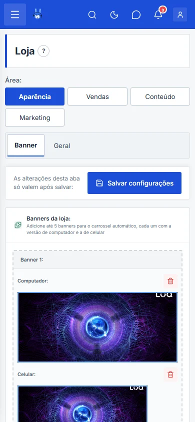 Tela Loja com as abas de configuração da loja on-line, no celular