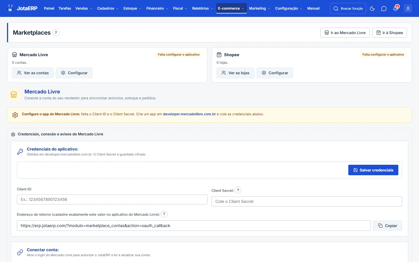 Tela Contas de Marketplace no bloco do Mercado Livre