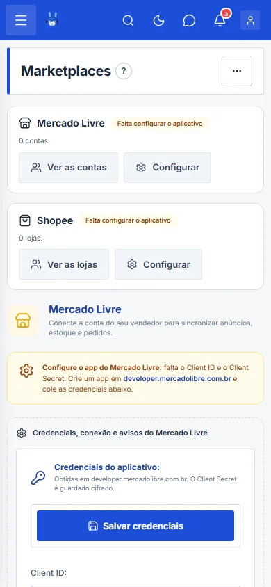 Tela Contas de Marketplace no bloco do Mercado Livre, no celular