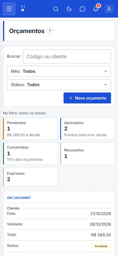 Tela de orçamentos, no celular