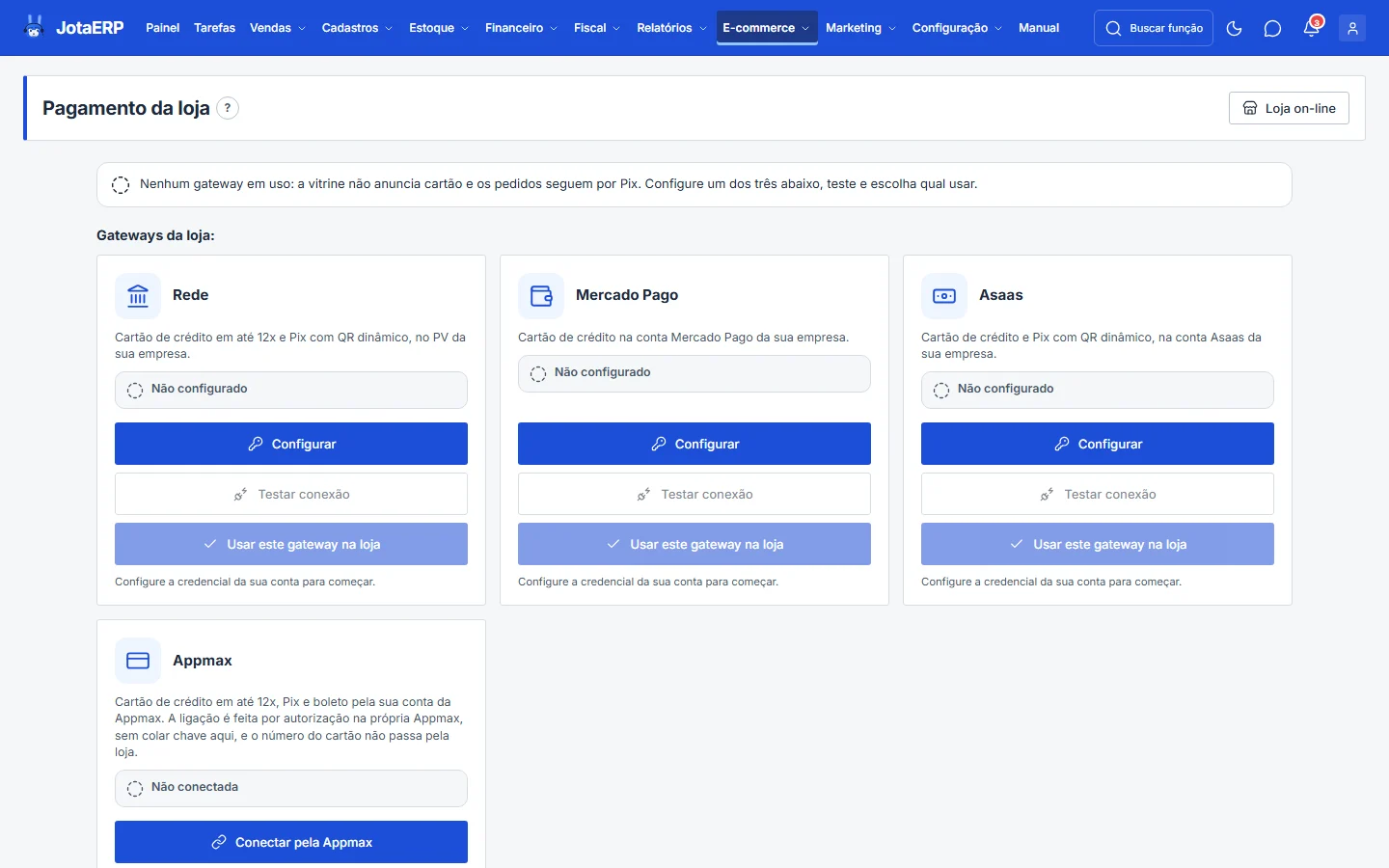 Tela Pagamento da loja com Rede, Mercado Pago, Asaas e o cartão da Appmax