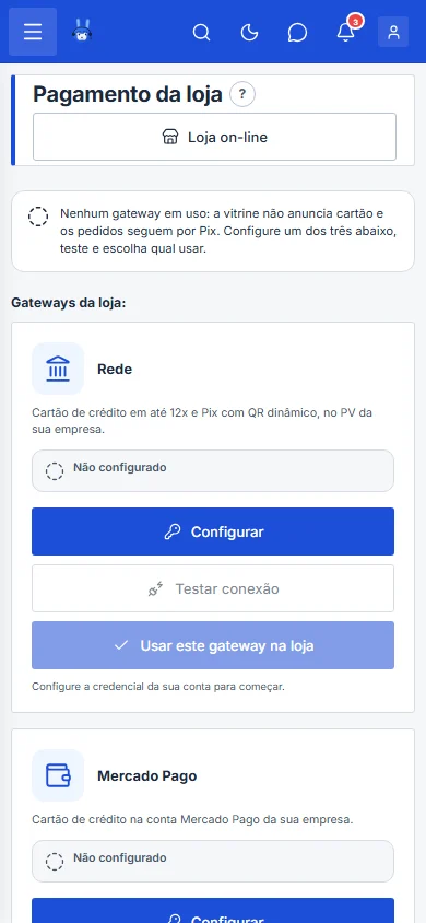 Tela Pagamento da loja com Rede, Mercado Pago, Asaas e o cartão da Appmax, no celular