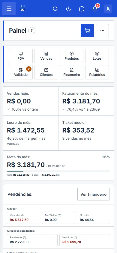 Painel no celular, com a fileira de atalhos