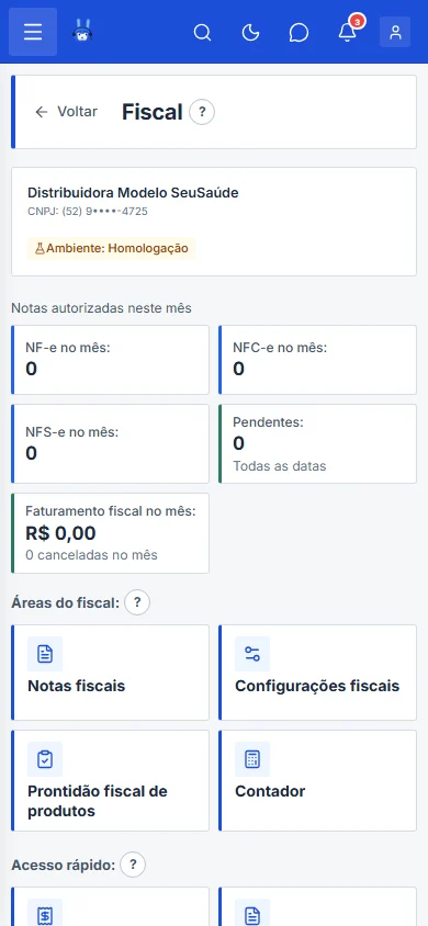 Painel fiscal com as ações rápidas de emissão, no celular