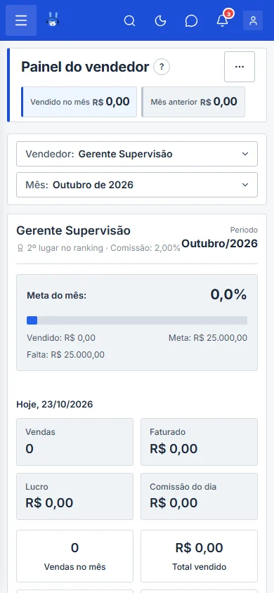 Painel do vendedor com meta e comissão, no celular