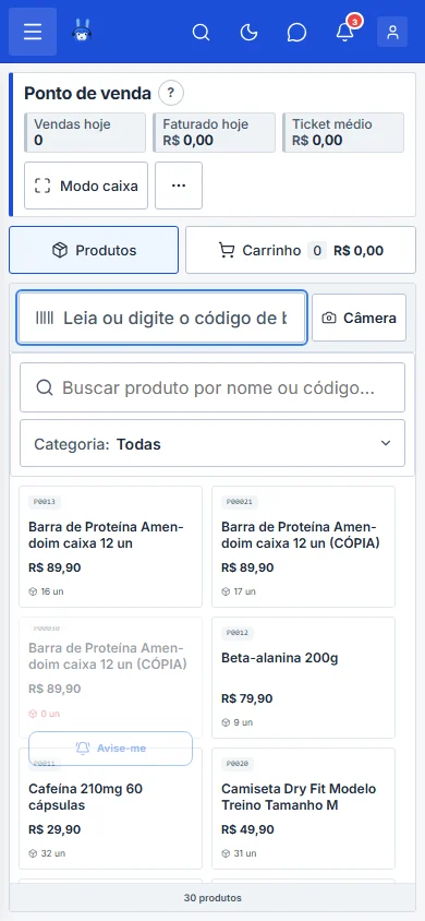 Tela Ponto de Venda com o catálogo e o carrinho, no celular
