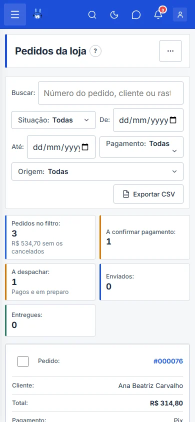 Tela Pedidos da Loja com os filtros por situação, no celular