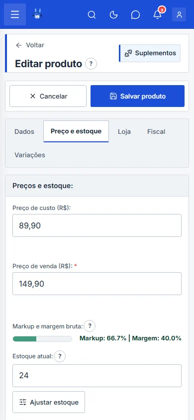 Editar produto com as abas Dados, Preço e estoque, Loja, Fiscal e Variações e a Ficha do produto do ramo Suplementos, no celular
