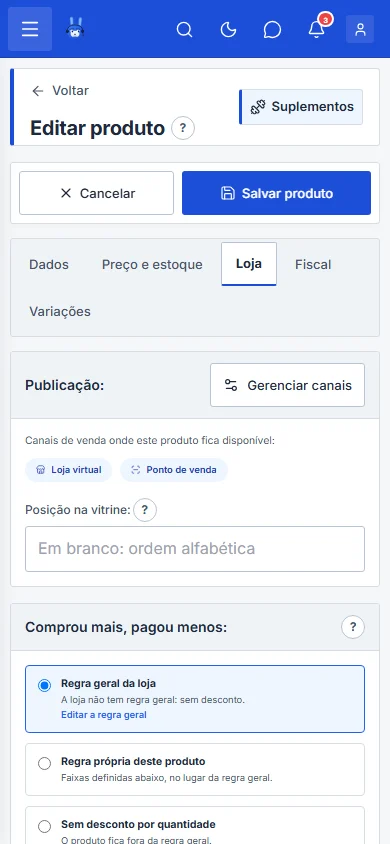 Blocos Publicação e Comprou mais, pagou menos no cadastro do produto, no celular