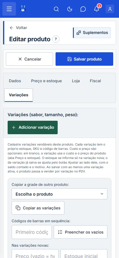Aba Variações do cadastro do produto, no celular